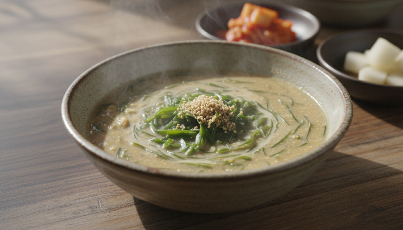나무 테이블 위에 놓인 곰탕처럼 진하고 고소한 들깨 미역국 한 그릇. 김이 모락모락 피어나 따뜻한 분위기를 연출하며, 신선한 미역과 들깨가루가 먹음직스럽게 보인다.
