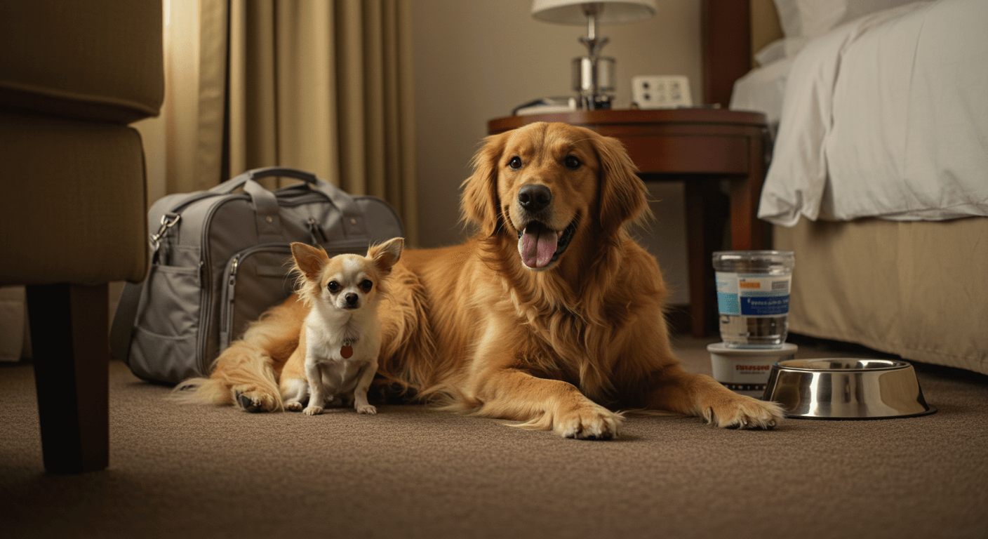 여름 여행 중 펫프렌들리 호텔에서 쉬는 골든 리트리버와 치와와