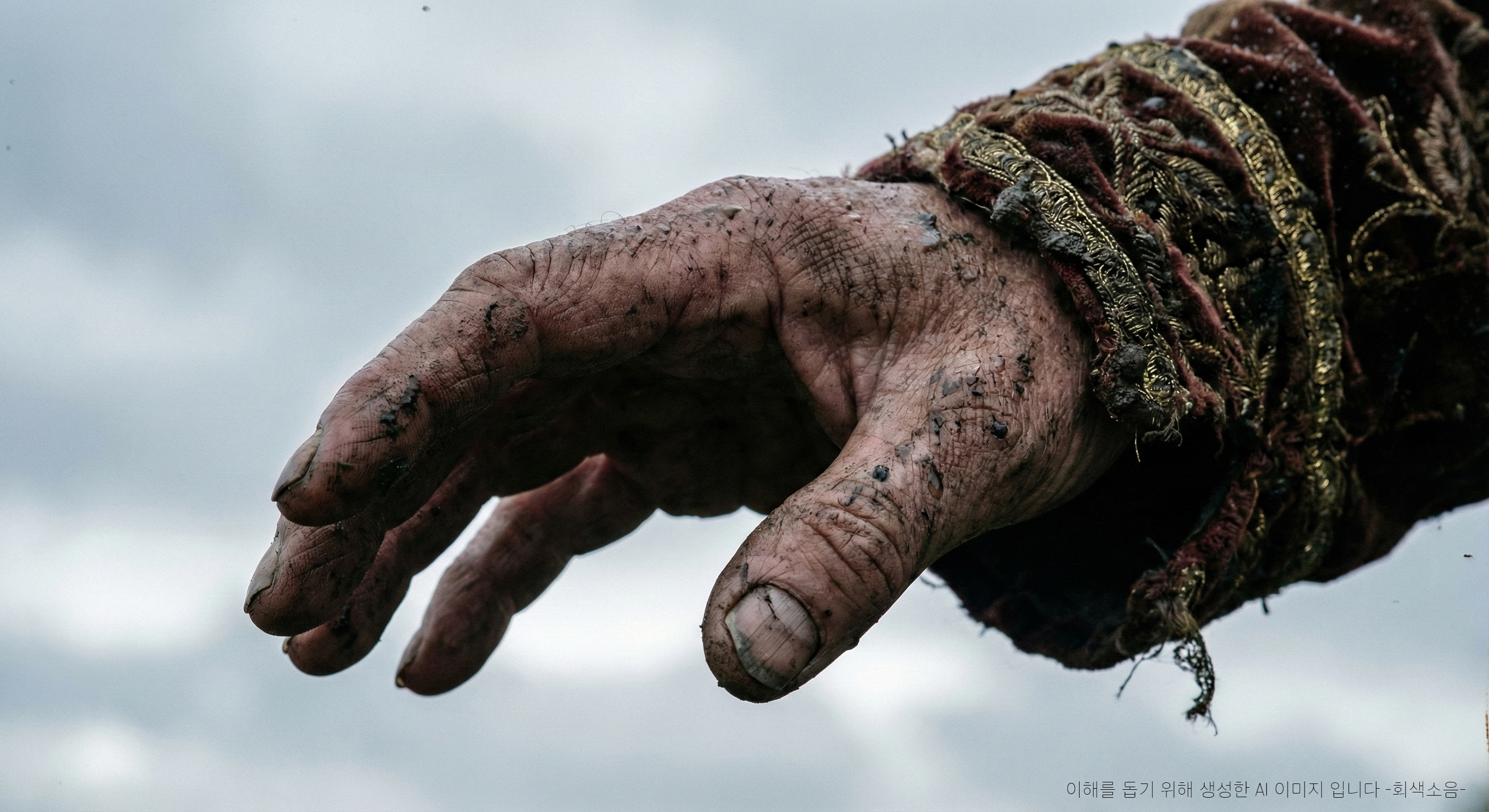 왕의 손, 거지의 손 : 폭풍 뒤 새벽빛 아래에서 진흙과 빗물에 젖은 노왕의 손과 찢긴 왕복 소매가 대비되며 권위의 붕괴와 인간성을 드러내는 매크로 장면.