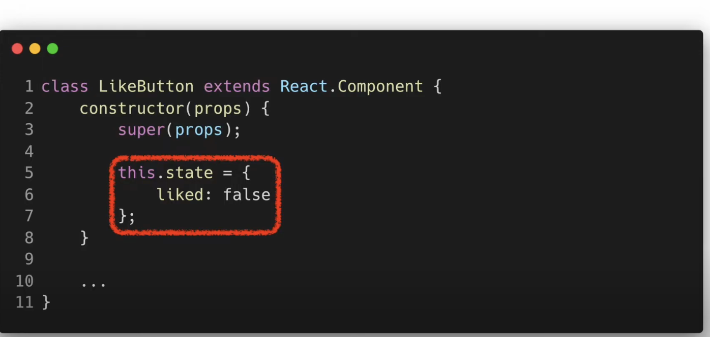 클래스 컴포넌트에서 State를 정의하는 생성자 코드 예시 화면