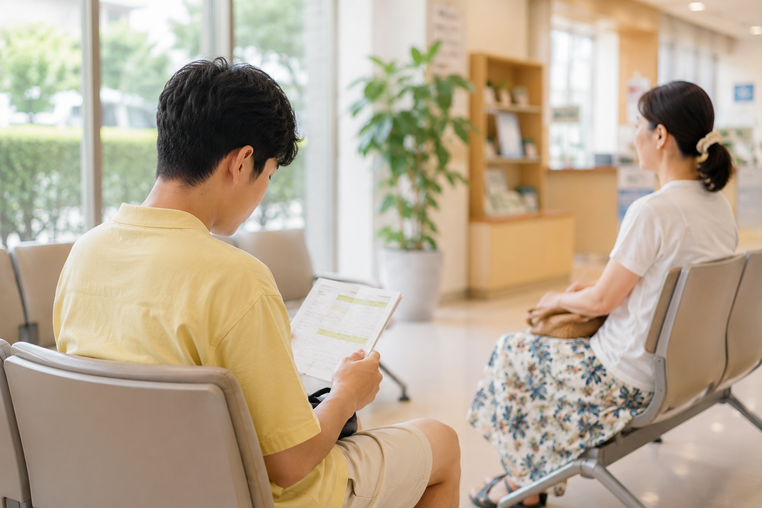 병원에서 자기 순서를 기다리면 문서를 보고 있는 모습