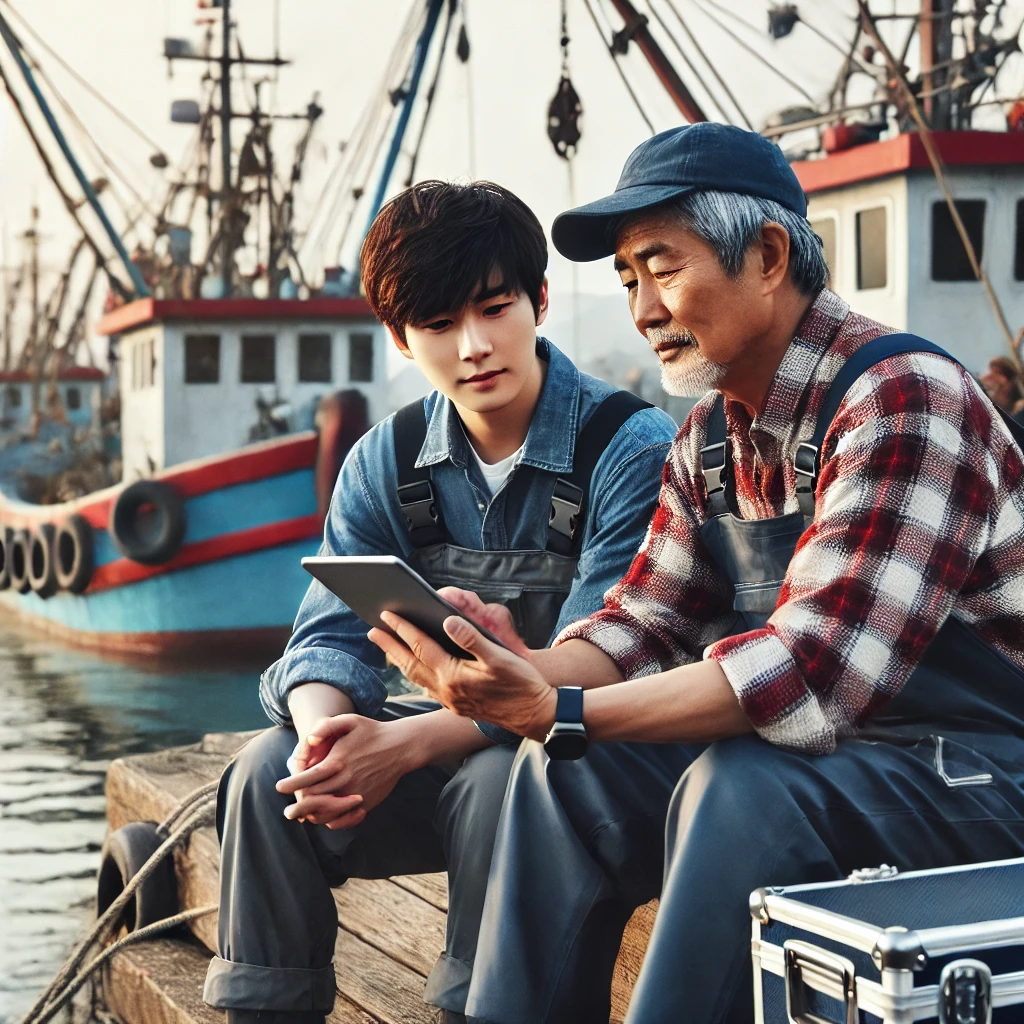 어촌에서 젊은 어부와 노년 어부가 태블릿으로 정보를 나누는 협력적인 장면