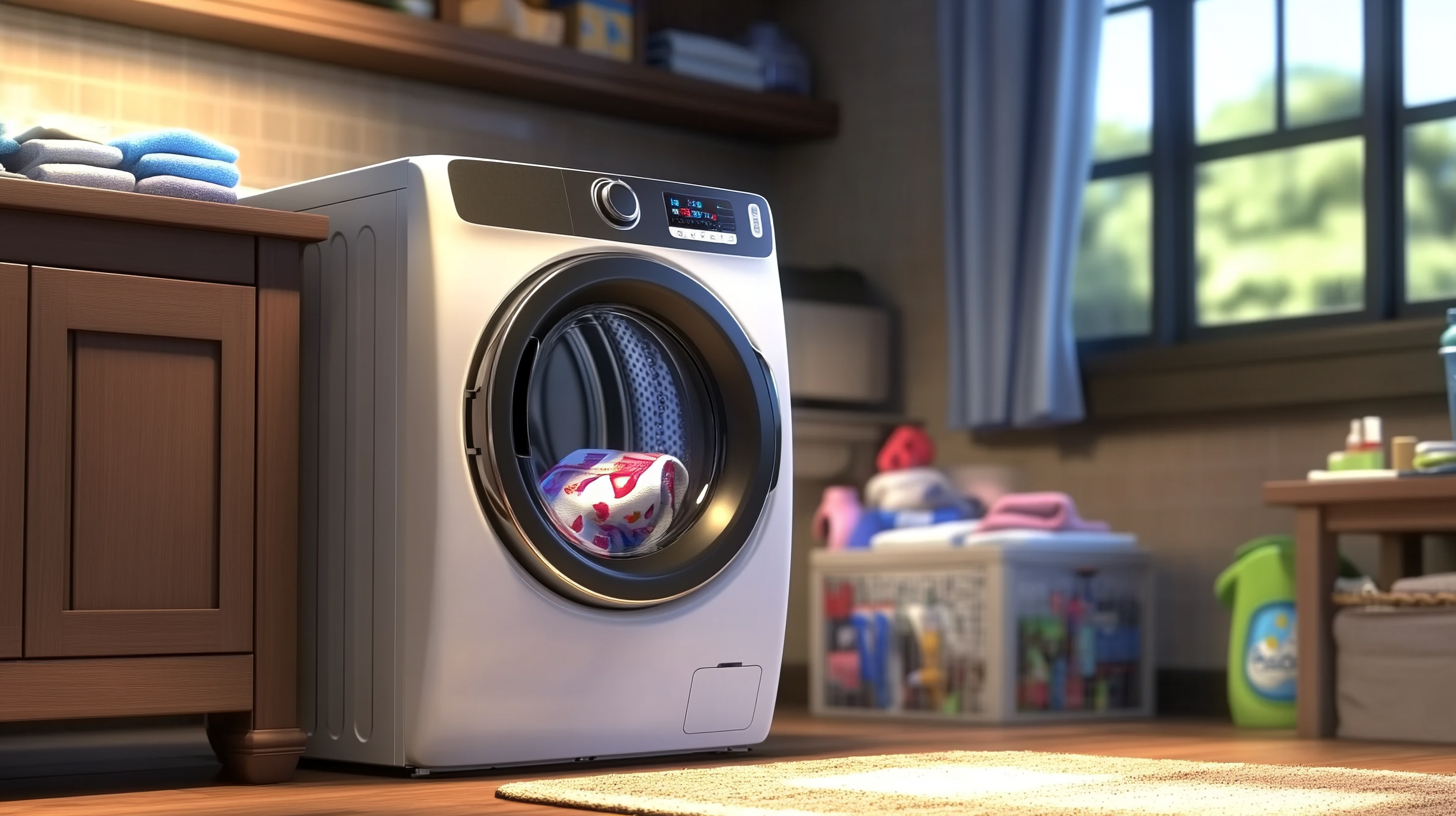 현대적인 세탁실에 AI 기능과 터치 컨트롤이 탑재된 세련된 삼성 세탁기