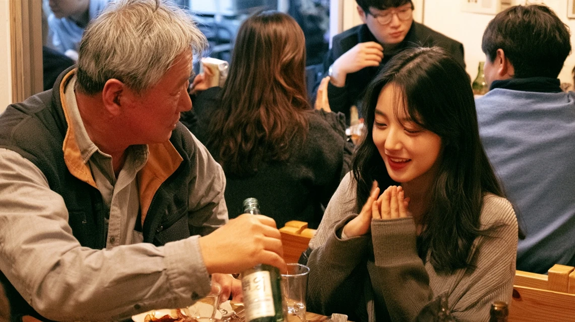동호회 뒤풀이 자리에서 잔을 손으로 살짝 가리며 웃는 여성