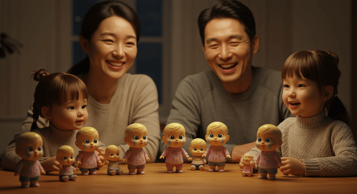 가족이 함께 크라이베이비 인형을 보며 즐거워하는 장면 2