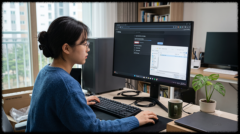 새 PC의 크롬에서 북마크 HTML 파일을 가져오는 모습