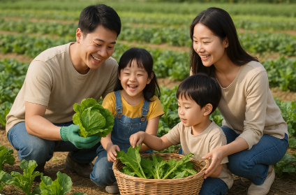 체험농장에서 배추를 수확하며 즐거워하는 가족 모습
