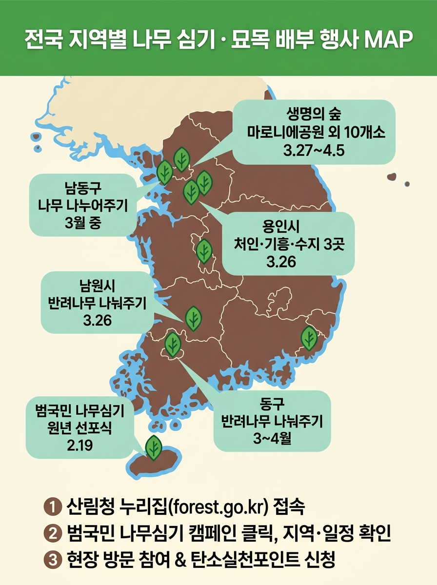 2026년 식목일 전국 지역별 나무 심기 및 무료 묘목 배부 행사 지도 인포그래픽 — 제주 선포식, 용인·남동구·광주 동구·서울 마로니에 공원 등 주요 일정과 참여 방법 3단계 안내, 산림청 누리집 접속부터 탄소실천포인트 신청까지