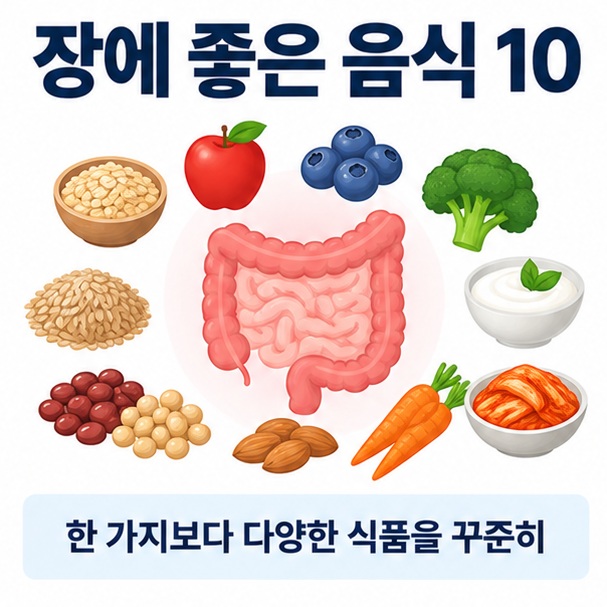장에 좋은 음식 10이라는 제목과 오트밀 콩 사과 베리 브로콜리 요거트 김치 등 장 건강 식품을 함께 표현한 대표 이미지