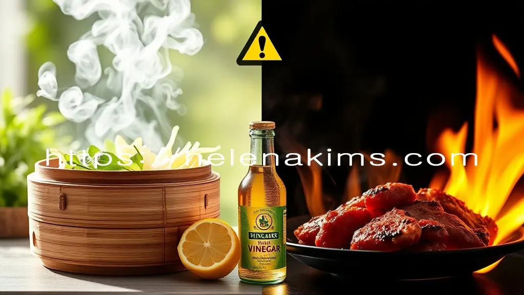 한쪽은 수증기가 피어오르는 찜기와 끓는 물에 데쳐진 신선한 채소 등 건강하고 촉촉한 조리법(찜, 삶기)을 표현, 다른 한쪽은 강한 불에 타듯이 구워지는 고기 모습