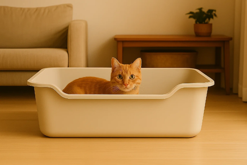 화장실에서 볼 일 보고 있는 치즈 고양이 사진