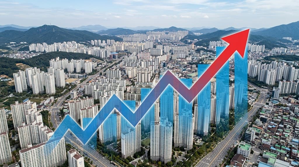 광주 아파트 단지와 상승 화살표 그래프가 겹쳐진 도시 풍경