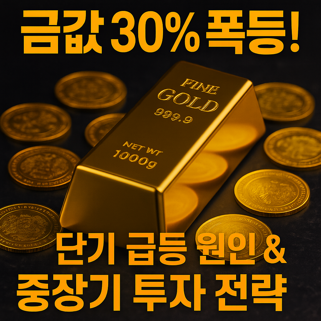 금괴와 금화 위에 '금값 30% 폭등! 단기 급등 원인 & 중장기 투자 전략'이라는 문구가 쓰인 썸네일 이미지