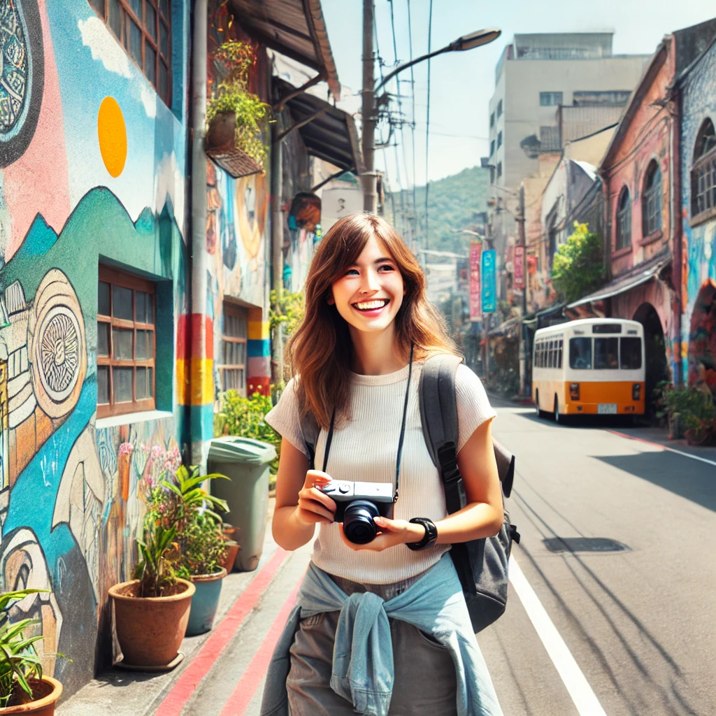 혼자여행하는 카메라를 멘 여성 이미지