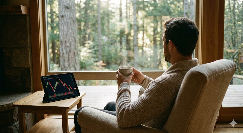 요동치는 시장 그래프 옆에서 평온하게 차를 마시며 계좌를 확인하는 지혜로운 투자자의 모습
