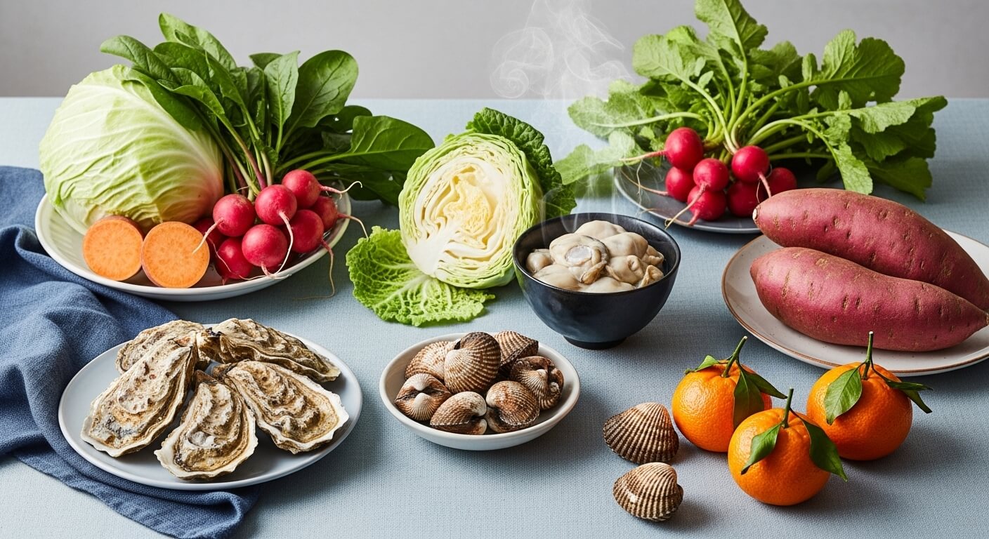 2025년 겨울 제철 식재료인 굴, 시금치, 무, 배추, 꼬막, 고구마, 귤이 아기자기하게 놓여있는 따뜻한 식탁 풍경. 건강한 제철 요리를 상징하는 푸드 스타일링.