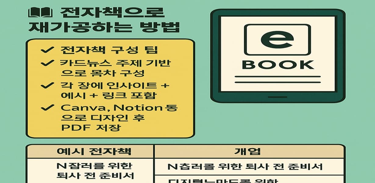 카드뉴스를 전자책으로 재가공하는 방법을 안내하는 인포그래픽 이미지