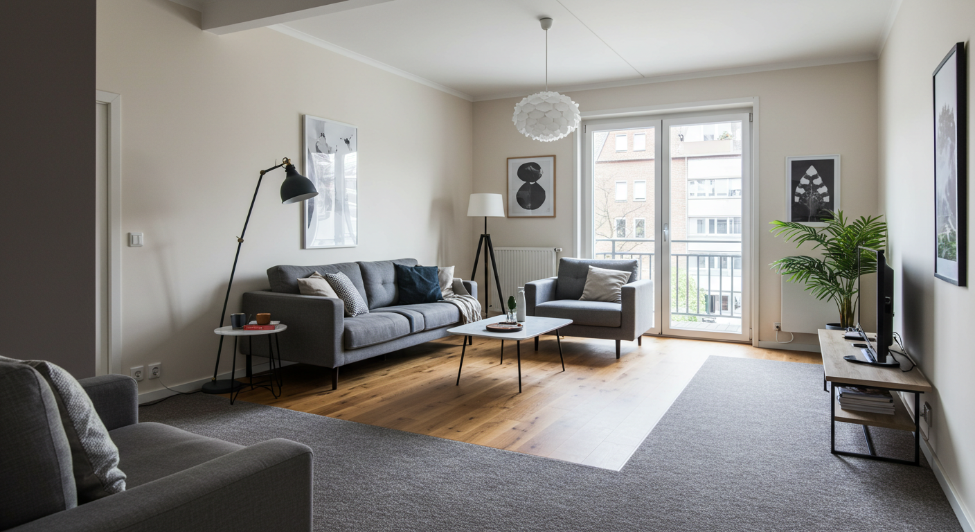 다섯 가지 바닥재가 구분된 아파트 거실 인테리어 시각화 이미지