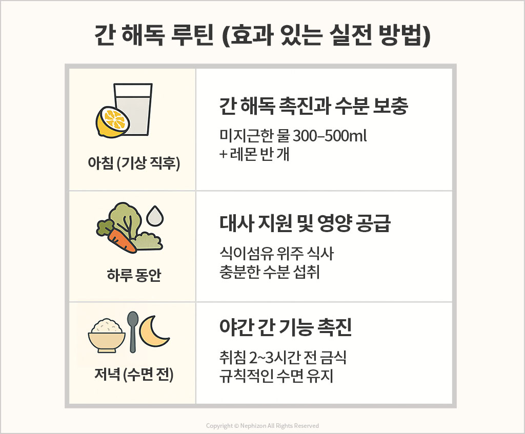 간 해독 루틴 요약의 인포그래픽