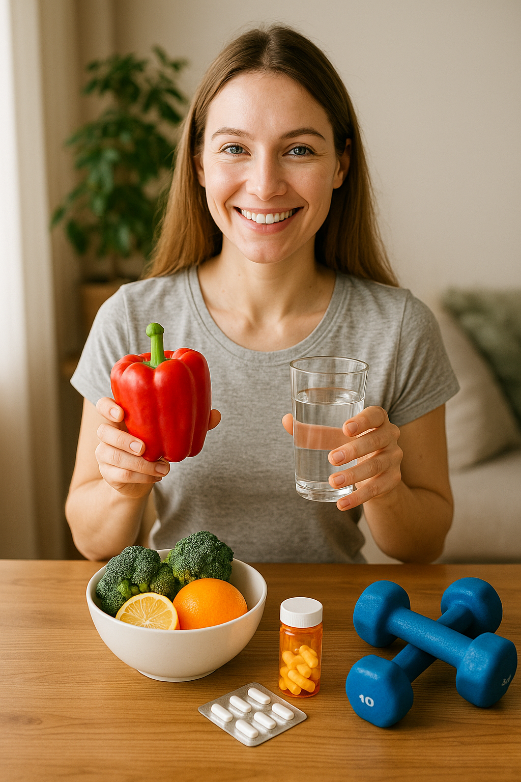 채소와 물을 들고 있는 여성