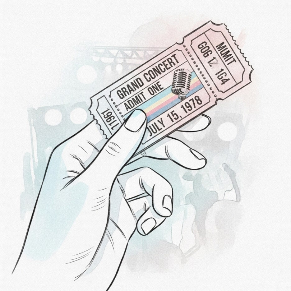 콘서트 티켓을 손에 쥔 따뜻한 느낌의 삽화