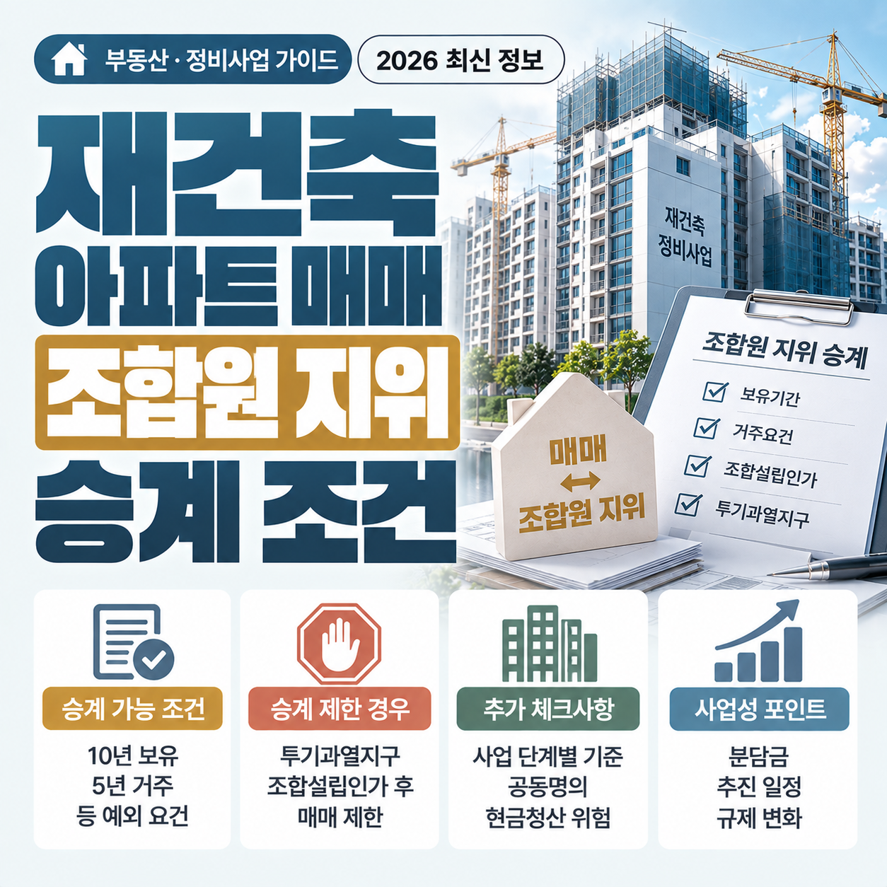 재건축 아파트 매매 시 조합원 지위 승계 가능 조건을 설명하는 이미지