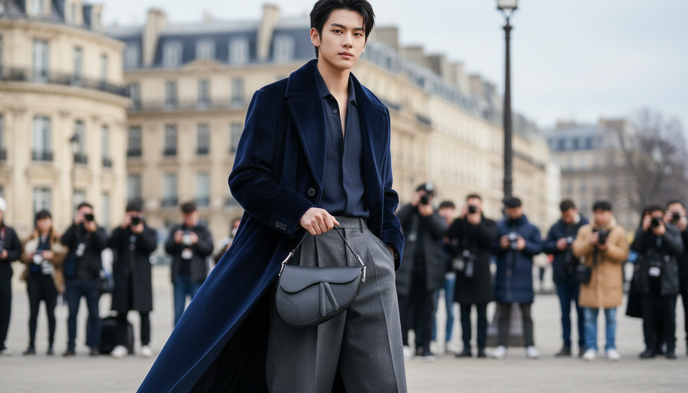 2026 파리 패션위크 디올 쇼장에 참석하여 네이비 롱 코트와 새들백을 매치하고 포즈를 취하는 세븐틴 민규