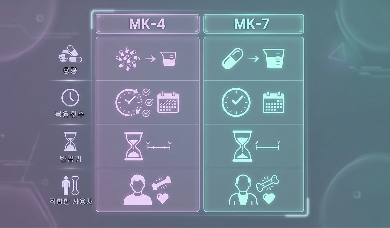 MK-4와 MK-7 선택 기준을 정리한 비교표. 용량, 복용 횟수, 반감기, 적합한 사용자를 나란히 비교.