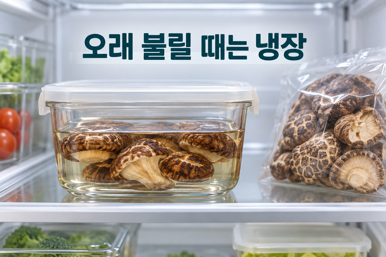 깨끗한 용기의 물에 담긴 표고를 냉장 선반에 둔 모습