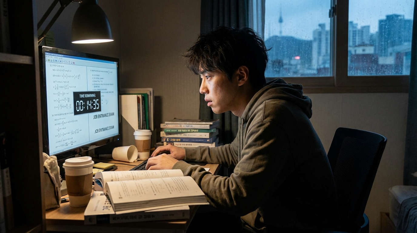 온라인으로 진행되는 SKCT 인적성 검사를 준비하는 한국 취업 준비생의 모습