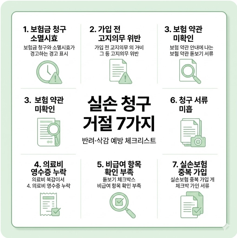 실손보험 청구가 거절&middot;반려&middot;삭감되는 대표 패턴 7가지와 예방 체크리스트를 정리한 인포그래픽