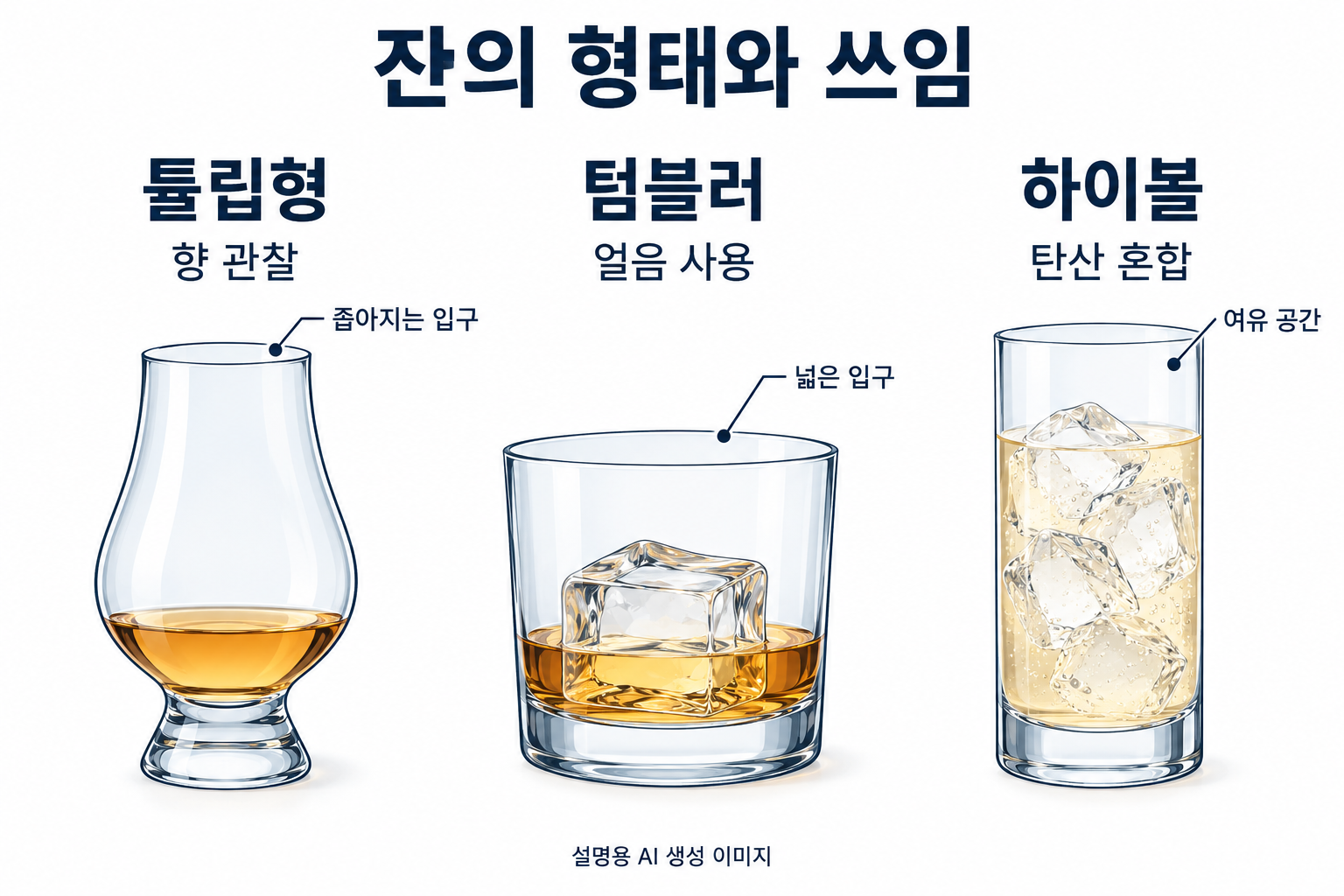 입구가 좁아지는 튤립형 잔은 향 관찰, 낮고 넓은 텀블러는 얼음 사용, 여유 공간을 남긴 길쭉한 하이볼 잔은 탄산 혼합 용도로 비교한 설명 그림.