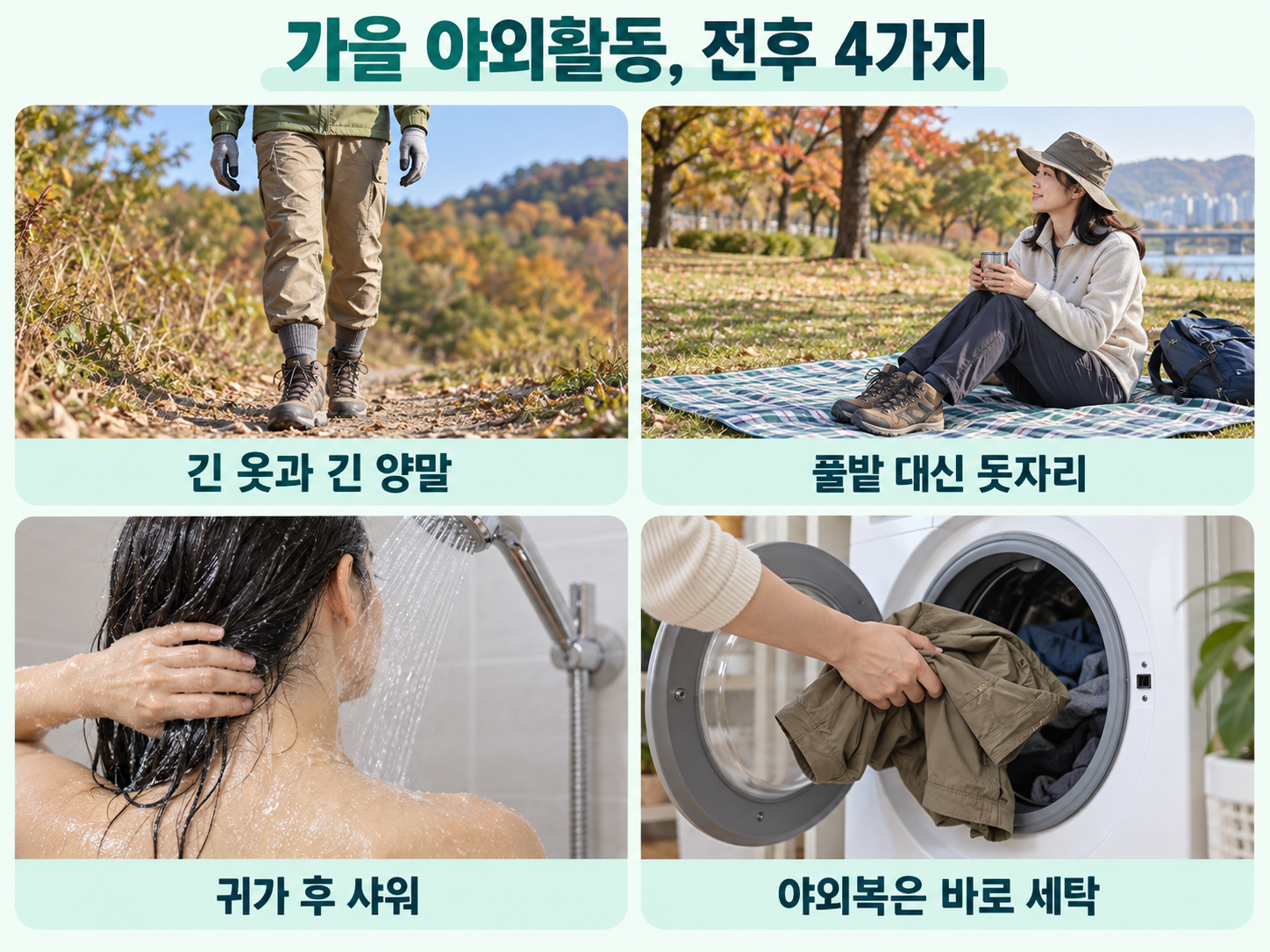 실사 장면 네 개. 바짓단을 긴 양말 안에 넣고 긴 옷&middot;장갑 착용, 풀밭 대신 돗자리에서 휴식, 귀가 후 샤워, 야외복을 세탁기에 넣기. PC2&times;2와 모바일4행을 각각 제작.