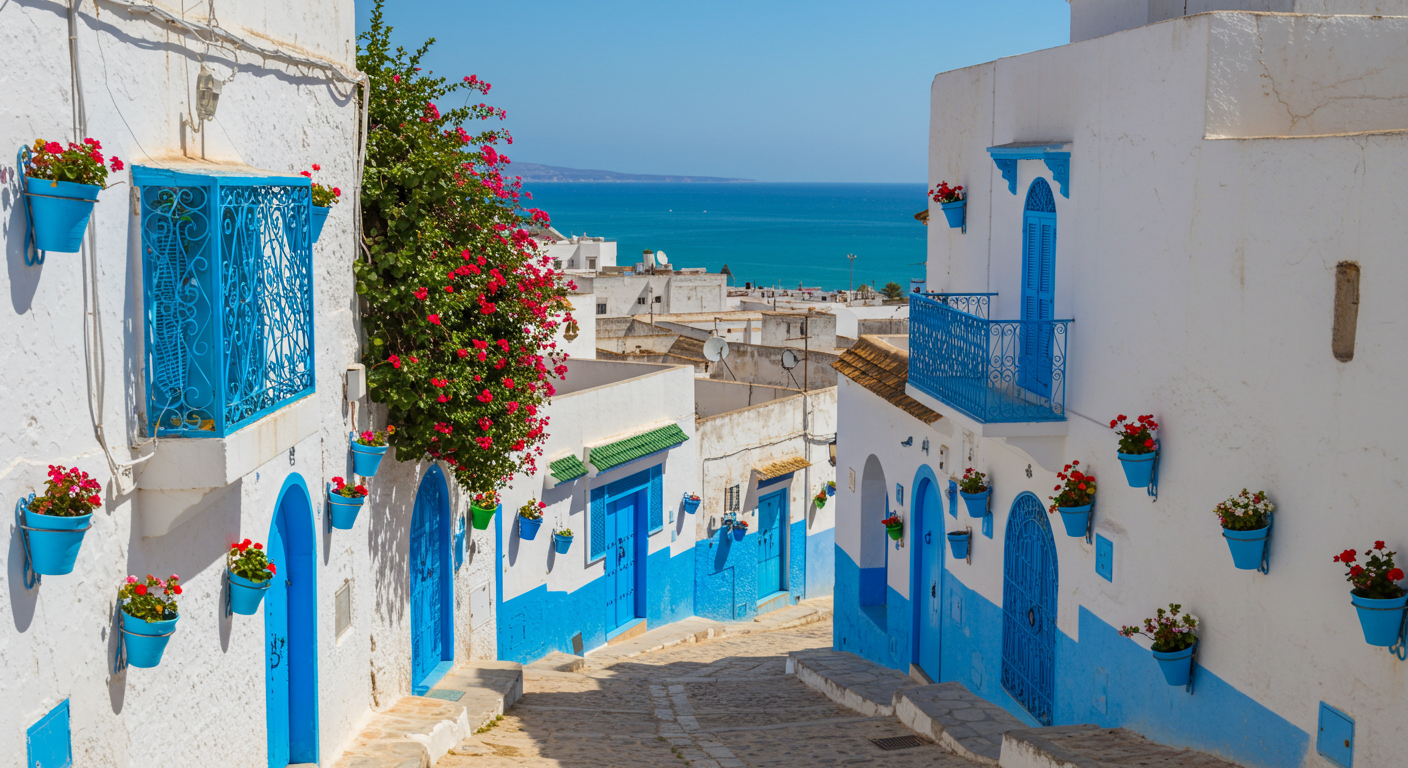 지중해배경의 흰색과 파란색의 해안마을