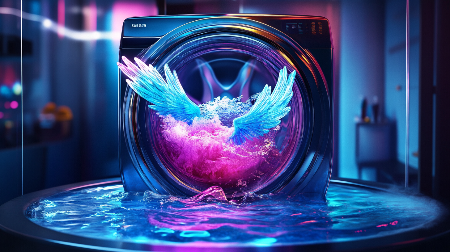 맑은 물탱크 안에서 듀얼 DD 모터와 12개의 날개가 강력한 소용돌이를 만드는 삼성 세탁기. 미래적이고 생동감 있는 조명이 비치는 모습.