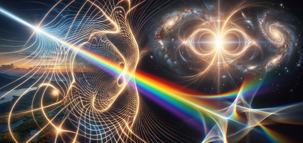 시공간을 왜곡시키는 거대한 블랙홀과 주변을 소용돌이치는 은하들의 몽환적인 우주 다큐멘터리 스타일 이미지