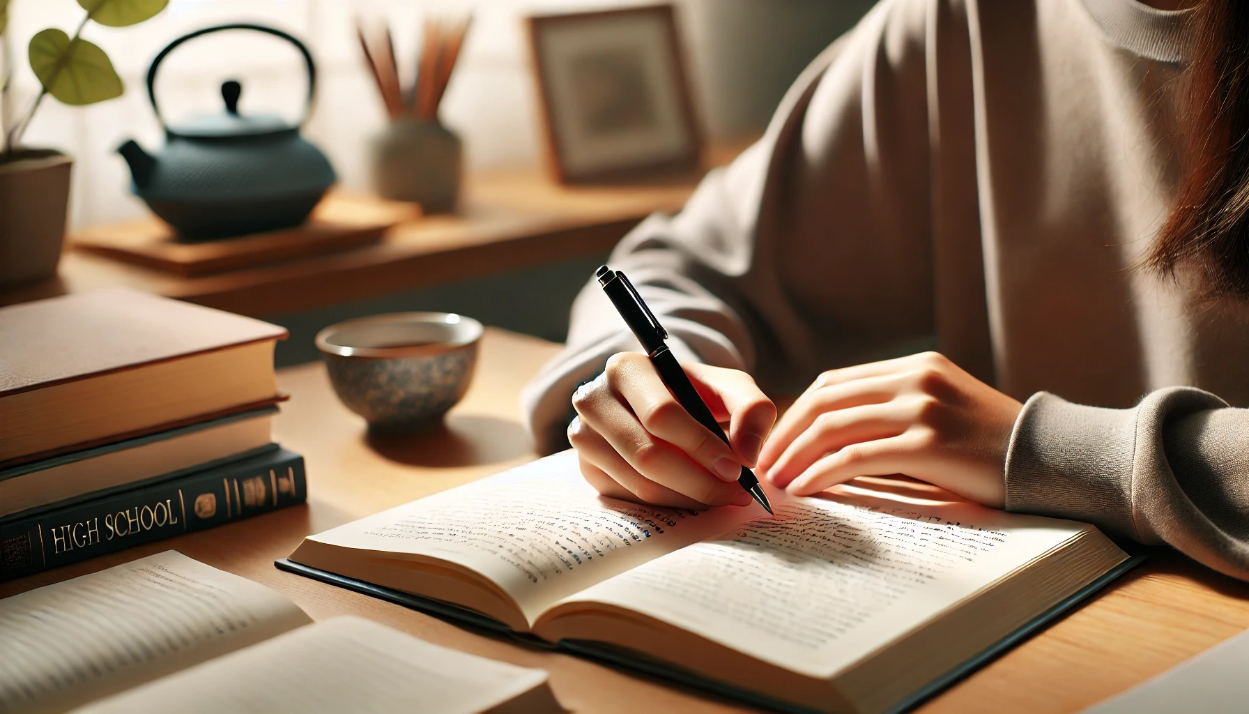 책을 읽으며 중요한 내용을 메모하는 학생의 손과 책상이 클로즈업된 장면
