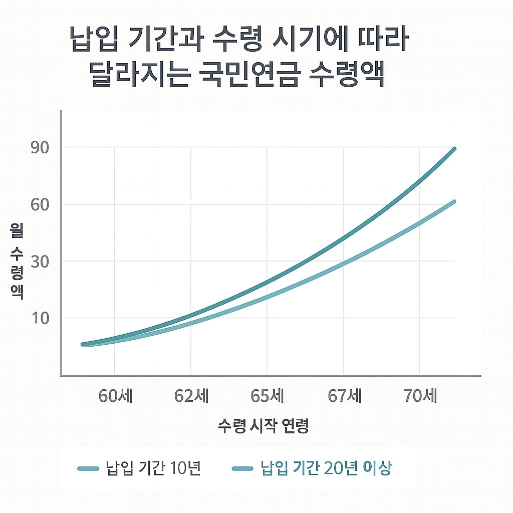 납입 기간과 수령 시기에 따라 국민연금 수령액이 달라지는 것을 보여주는 그래프