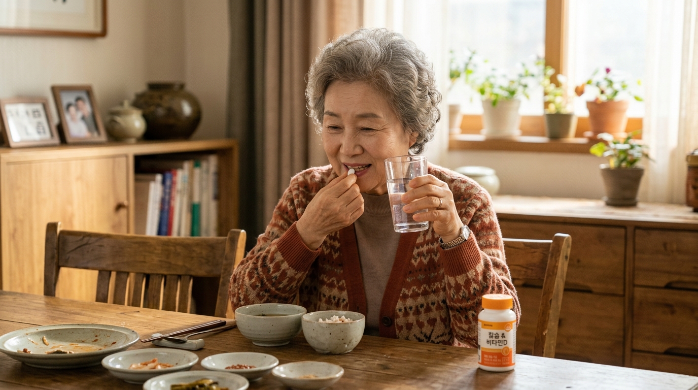 식후 올바른 방법으로 칼슘제를 복용하는 시니어 여성