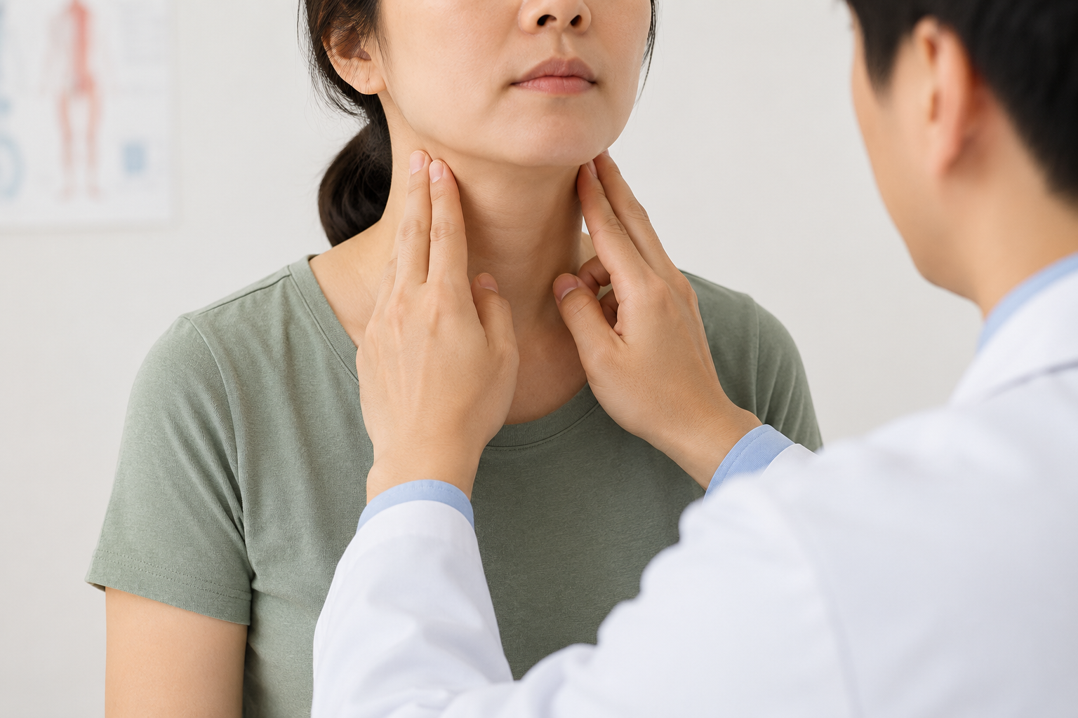환자의 갑상선을 확인하고 있는 의사