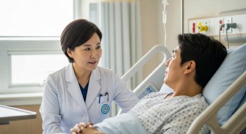 병실에서 의료진과 환자가 진지하게 대화하는 모습