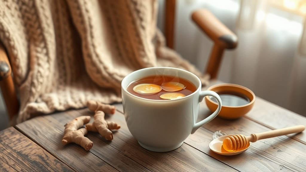 나무 탁자에 따뜻한 생강 차 한 잔.
