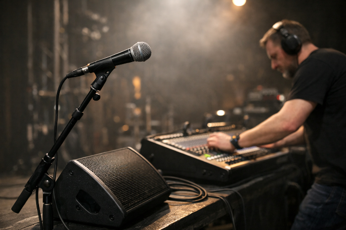 보컬 마이크의 올바른 위치와 모니터 스피커 배치를 보여주는 라이브 세팅 이미지