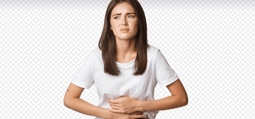 복통으로 양손을 배를 깜사고 있는 여자