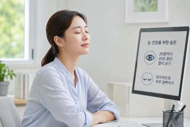 컴퓨터 사용 중 화면에서 눈을 떼고 잠시 눈을 쉬는 모습