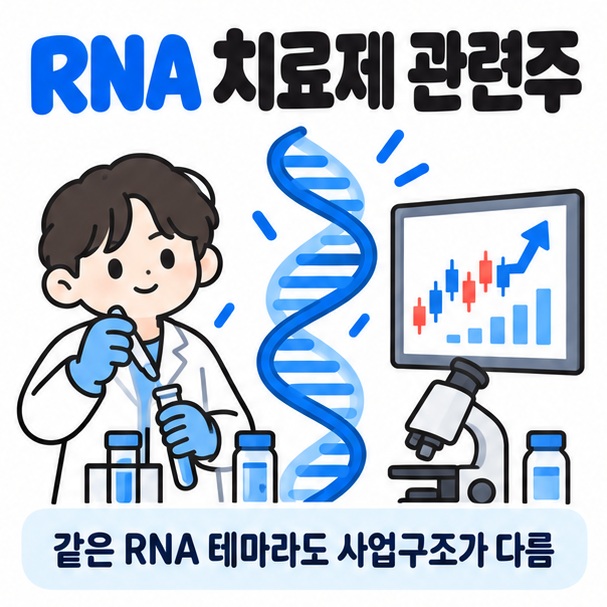 RNA 이중나선과 주식 차트 실험실 아이콘을 중심으로 RNA 치료제 관련주 문구를 보여주는 대표 카드뉴스 이미지