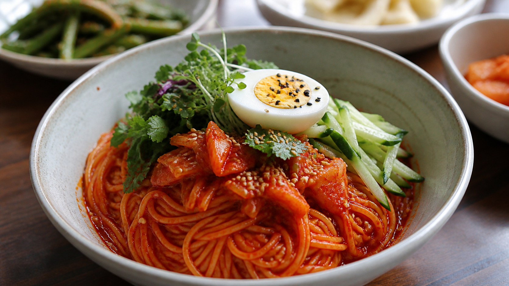 김치 오이 삶은 달걀을 넉넉히 올린 비빔국수