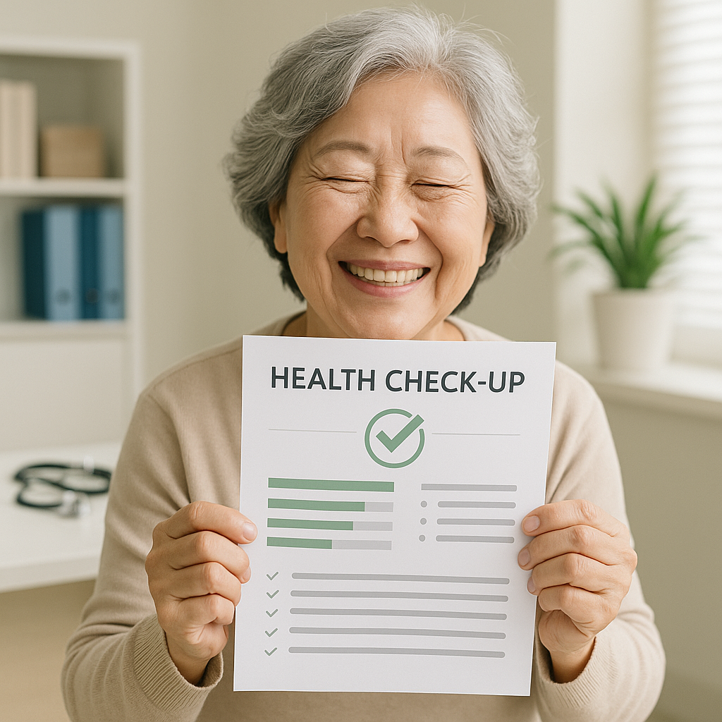 걷기 습관 건강 효과 검진 결과를 보고 활짝 웃고 있는 60대 여성