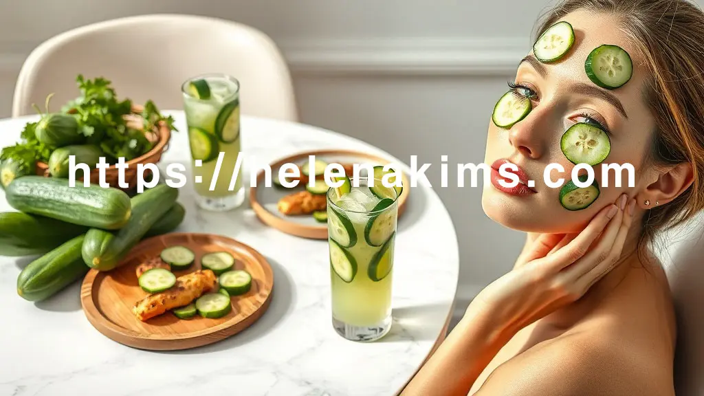 먹음직스러운 오이 요리, 시원한 오이수, 피부에 얹힌 오이 슬라이스 등 음식과 뷰티가 자연스럽게 어우러져 오이의 다재다능한 가치를 강조한 이미지.