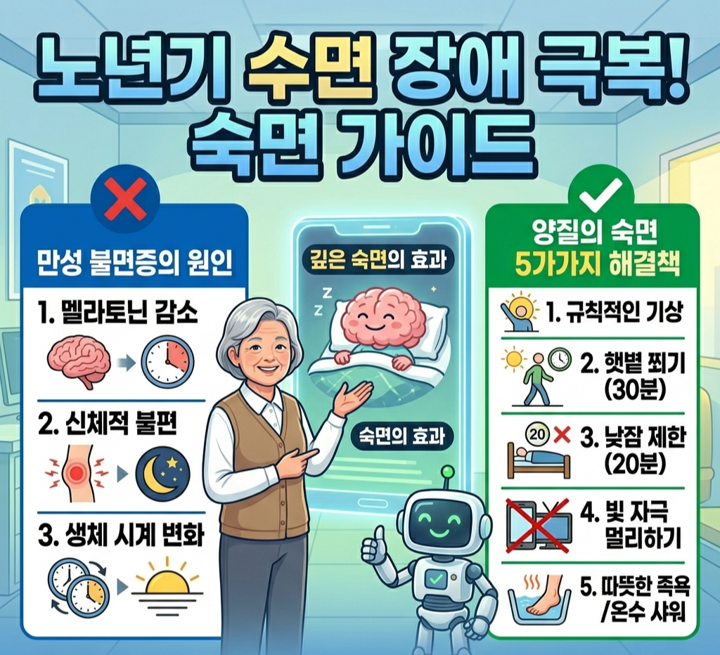 노년기 수면 장애 극복을 위한 3대 불면증 원인(멜라토닌 감소, 신체 불편, 생체 시계)과 5대 과학적 숙면 해결책(규칙적 기상, 햇볕 쬐기, 낮잠 제한, 빛 차단, 족욕/샤워)을 요약한 전문 인포그래픽 썸네일